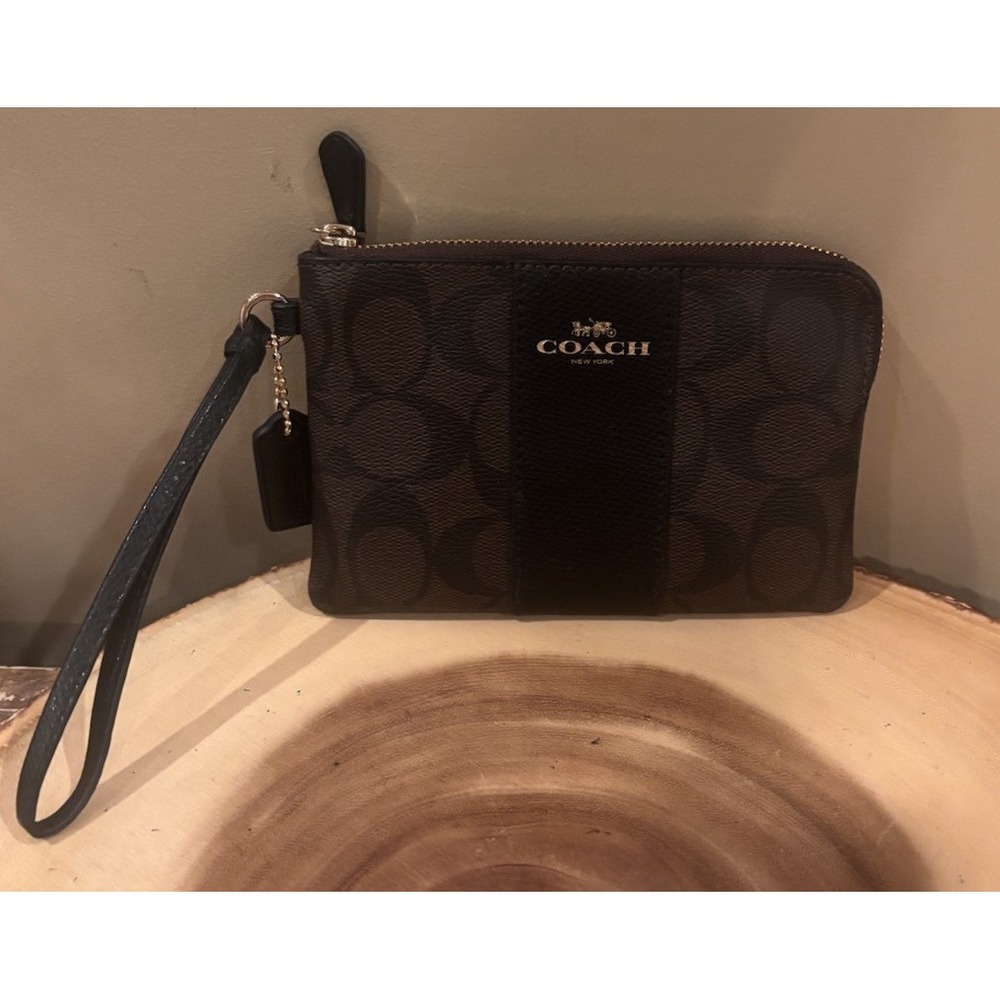 Coach‎ Brown with Black Wristlet Corner Zip Canvas Leather